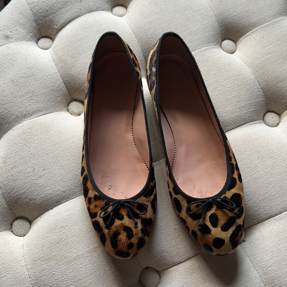 J Crew Pony Hair Leopard Print Ballet Flats with Bow
